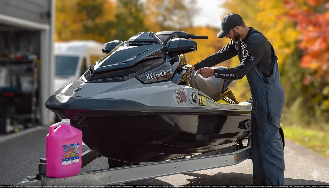 Professional technician winterizing PWC on trailer