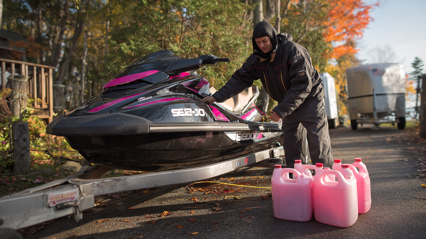 Professional technician winterizing PWC on trailer